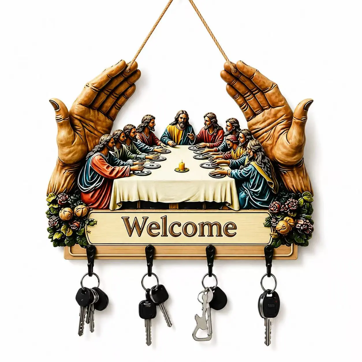 Flat Jesus and Disciples Wall Art Keychain Holder, Jesus Disciples Key Rack Organizer with 4 Metal Hooks, Rustic Farmhouse Religious Decor, Religious Gifts for Family, Friends