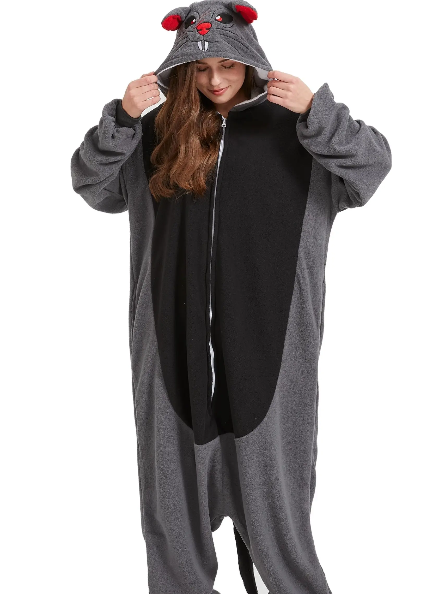 Women's Cute Mouse Costume Onesie, Baggy Turtleneck Pajamas with Longsleeves and an Oversized Hood, Polyester Loungewear Nightwear Womenswear, Loose Wear