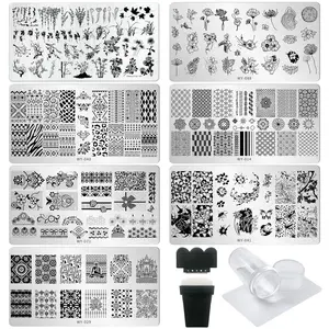 Nail Stamping Plate Kit with Nail Stamp and Scraper, 6pcs Leaves Flower Nail Stamper Kit for Home Salon Manicure Polish Print Stencils Design Tools