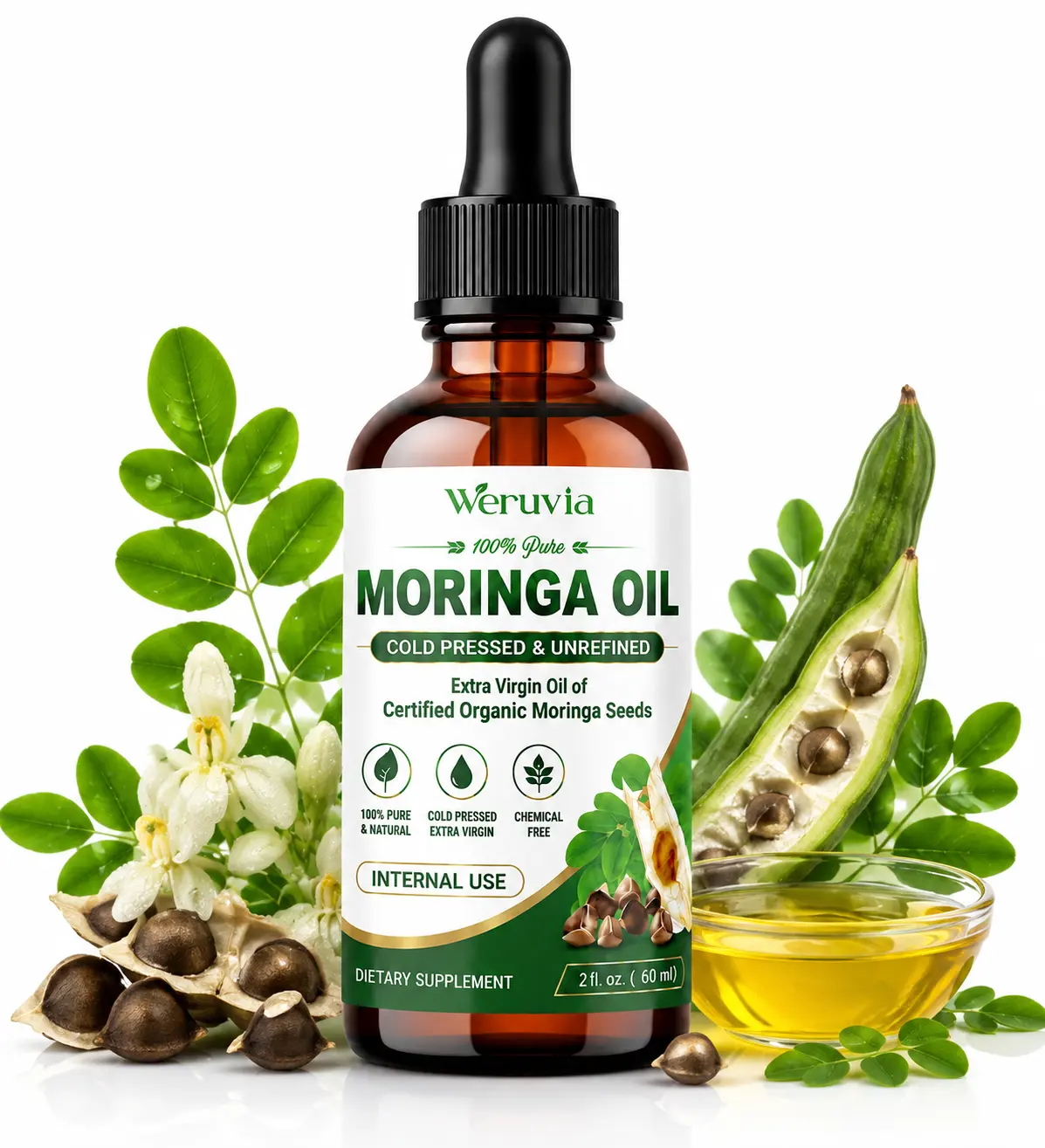 100% Pure Moringa Oil Drops | Cold Pressed & Unrefined Organic Moringa Seed Oil | Natural Botanical Liquid Supplement | Premium Daily Wellness Support | 60mL