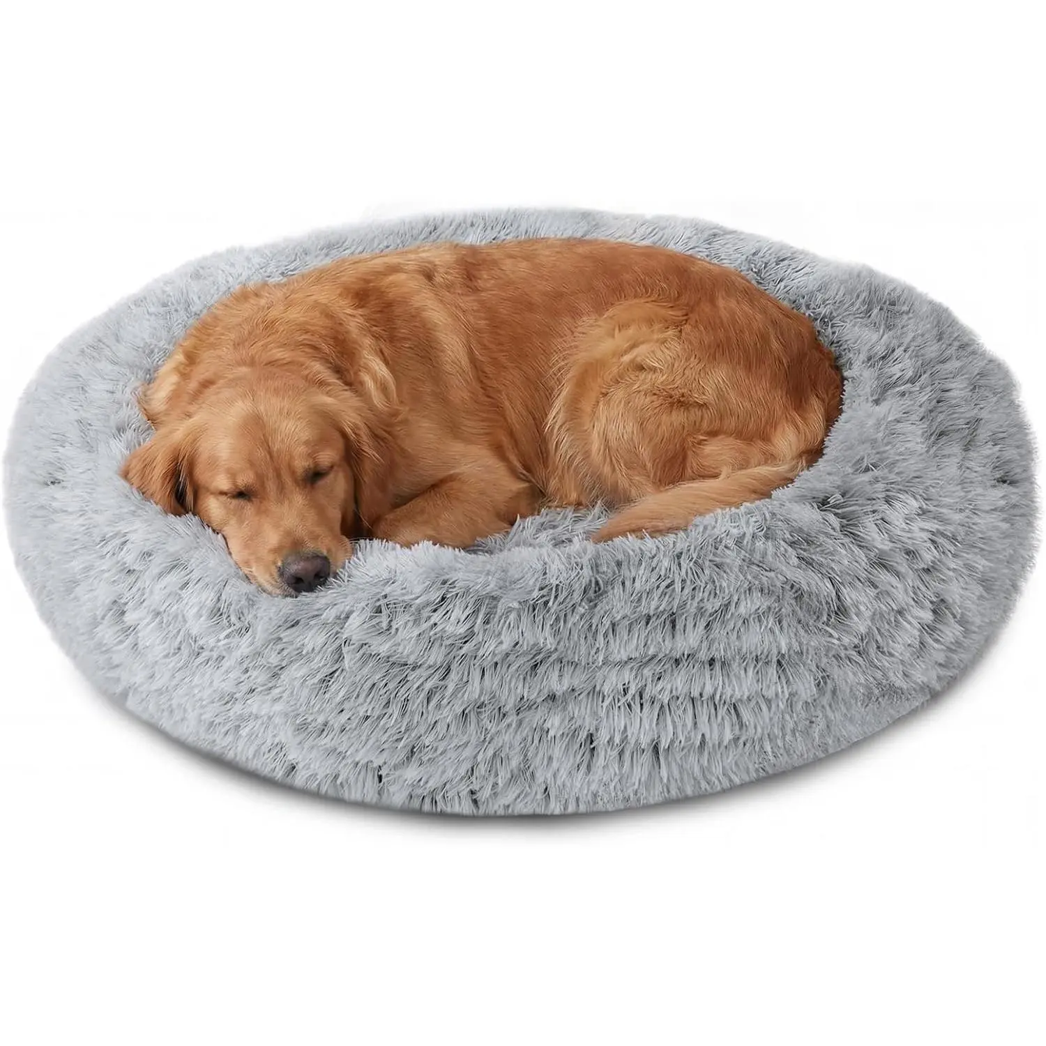 JOLLYVOGUE Calming Dog Bed Medium Size Dog, 31in Donut Washable Medium Pet Bed, Anti-Slip & Anti-Anxiety Fluffy Faux Fur Round Dogs Bed, Fits up to 45 lbs Pets (Smoke Grey)