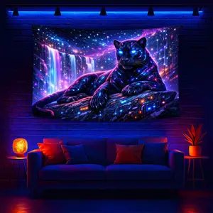 2D Flat, Cyberpunk Panther Galaxy Scene Glow-In-The-Dark Blacklight Tapestry, Room Decor Wall Hanging for Bedroom, Living Room, Office. Also Lndoor And Outdoor Holiday Door Flag for Porch, Garden. Computer Room Decor, Festive And Party Decor