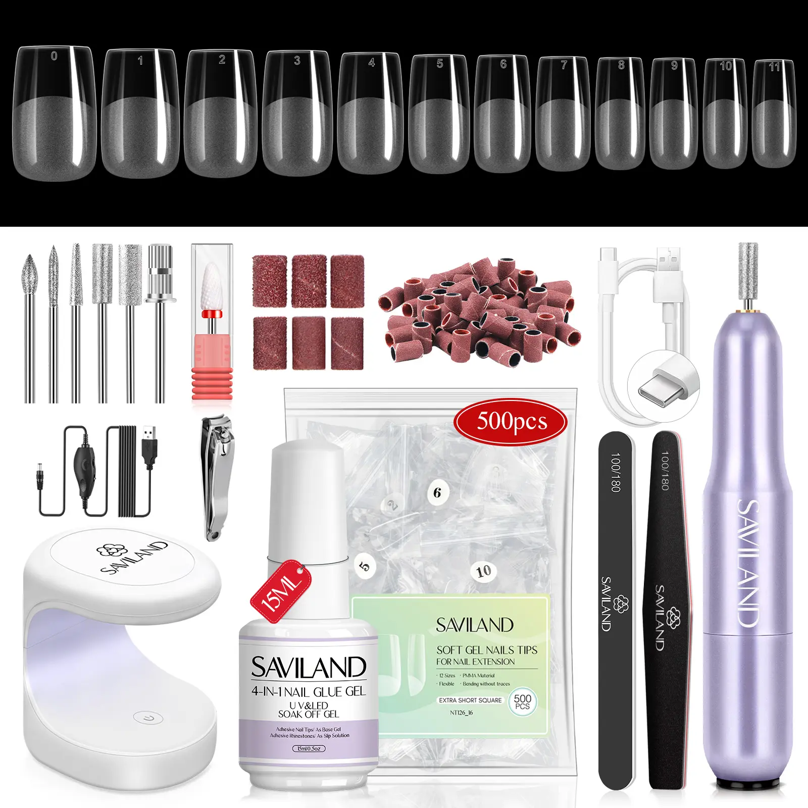 SAVILAND Gel Nail Kit: 500 PCS Extra Short Square Nail Tips Drill Kit UV Lamp Tools for Acrylic Nails Extension Nail Care Comfort