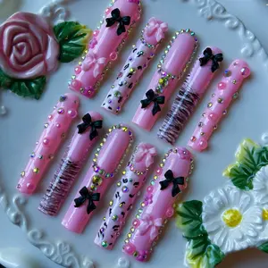 Pink paradise Nail Very Long Square Pink bow nail UV gel polish multi pack of 10 nails with glossy finish and playful designs - perfect for a unique and personalized look - Nail Art