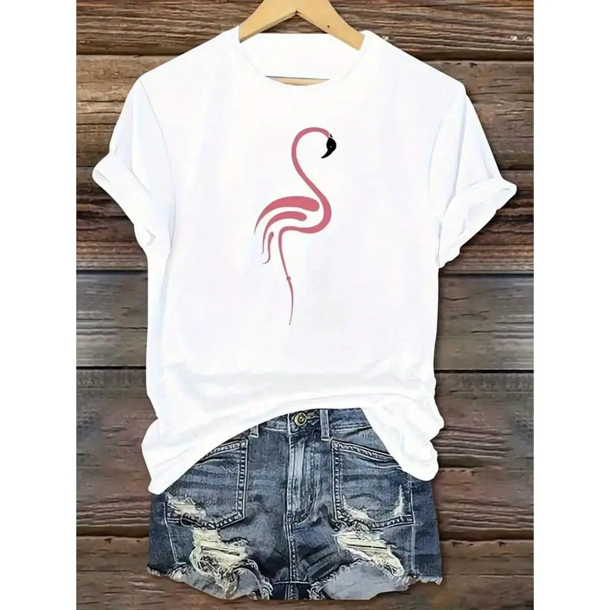 1pc White Flamingo Print T-Shirt| Pink Flamingo And Black Spots, Short Sleeve, Round Neck, Relaxed Fit, Breathable Soft Fabric, Casual Beach Party Outfit, All-Season Versatile Casual Attire, Machine Washable, Elegant Tropical Style, Lightweight