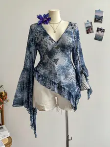 Women's Lightweight Breathable Butterfly Print Top, Blouse, V Neck Flare Sleeve Asymmetric Hem , Casual Fashion Shirt