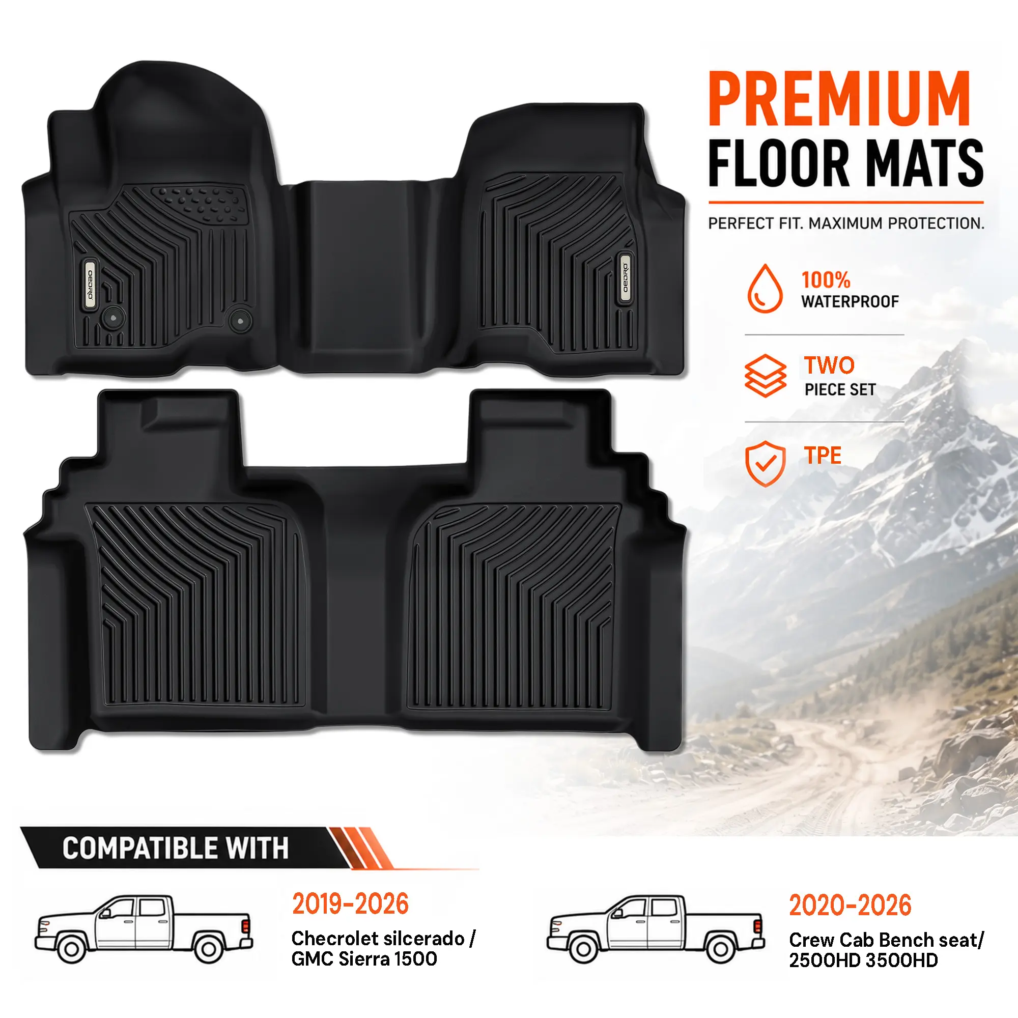 OEDRO TPE Floor Mats fits 2019-2026 Chevrolet Silverado GMC Sierra 1500 & 2020-2026 2500HD 3500HD Crew Cab Bench Seat, All Weather, Waterproof