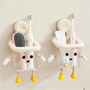 Cute wall mounted Bathroom toothbrush holder, bathroom accessory, no need for drilling suction cup design, high-end multifunctional transparent container, Toothbrush Storage Organizer