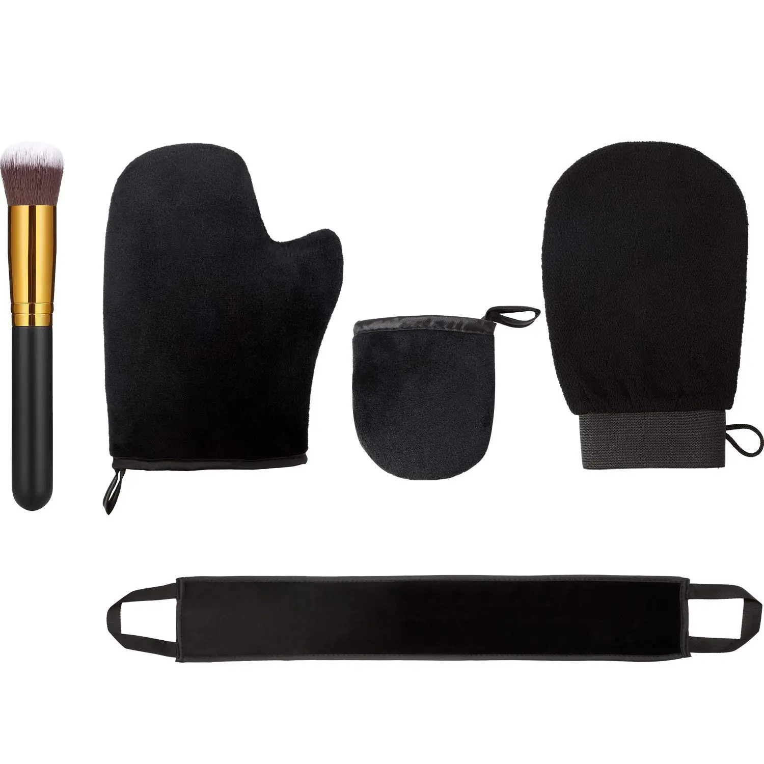 5-Piece Quality Material Self Tanning Applicator Set for Adult Dry Skin - Bath & Personal Care Accessories with Exfoliating Glove, Back Applicator, Face Mitt, Cream Brush for Streak-Free, Easy Blending on Fingers, Junctions, Armpits, Toes