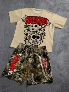 Streetwear Must-Have! Graffiti Camo Set, All-Over Print, Casual Fitted Suit, Menswear Round Neck Top, Perfect for Street Style Enthusiasts, High-Aesthetic Appeal
