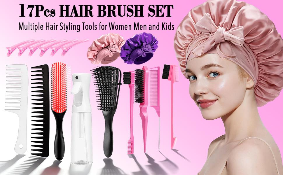 【Spring Glow-Up】Pink Hair Brush Set 17 Counts Detangler Wide Tooth Comb Satin Bonnet Nylon Bristle Brush Edge Tool Kit for Curly Hair Styling Detangling Hairbrush