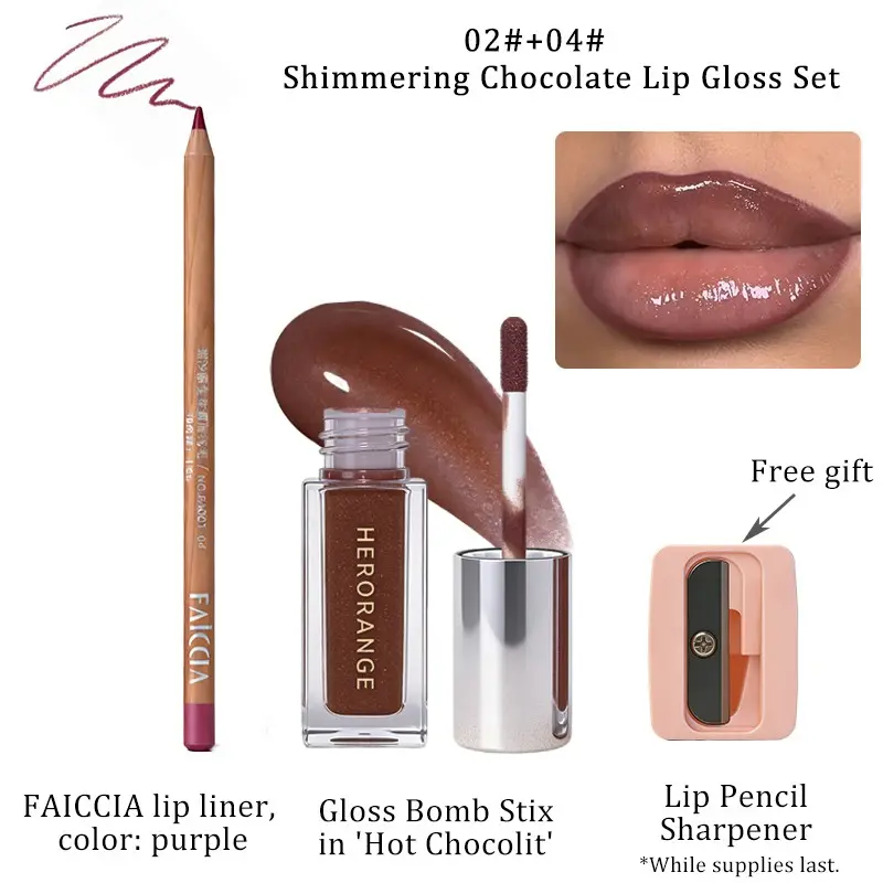 [Shimmering Lip Gloss Set] Cosmetic Moisturizing and brightening lip gloss + lip liner.  Creates a glossy, shimmering finish, defines lip contours, and delivers a captivating, plump, and dewy look. Provides hydration and lip care.