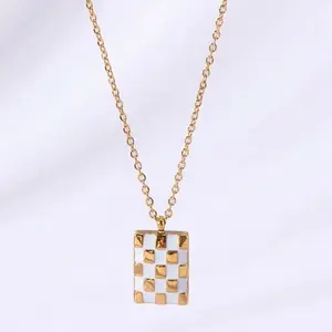Checkered Square Geometric Stainless Steel Electroplating Necklace with Gold Accents and White Enamel