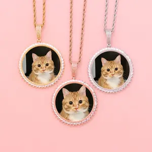  Customize Big Circular Pendant Necklace CZ Polished Gold Plated Personalization Picture photo memory Jewelry