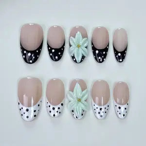 T79 Pressed on nail engraving French Tip leopard print cream polka dot fine wearable nail art false nail Handmade Holiday Nail Art for Everyday Wear or Gift