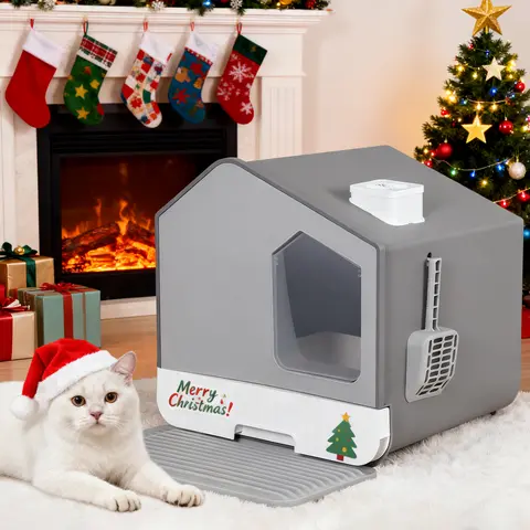 NOVA Odorless Polyethylene Litter Box Cabinet - Small Enclosed Litter Box for Cat House, Side Scoop, Mat Keeps Floors, Detachable Tray, Airy Chimney Top, Easy Cleaning, Privacy, Easy Access, 15.7" L x 17" W x 17.7" H