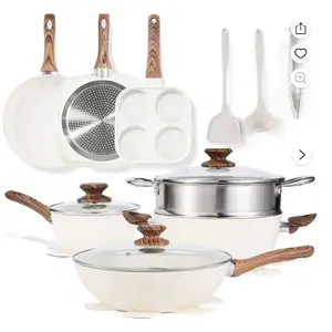 17 Pcs Non-Stick Pots and Pans, Non-toxic Kitchen Cooking Set with Stay-Cool Handles, Beige