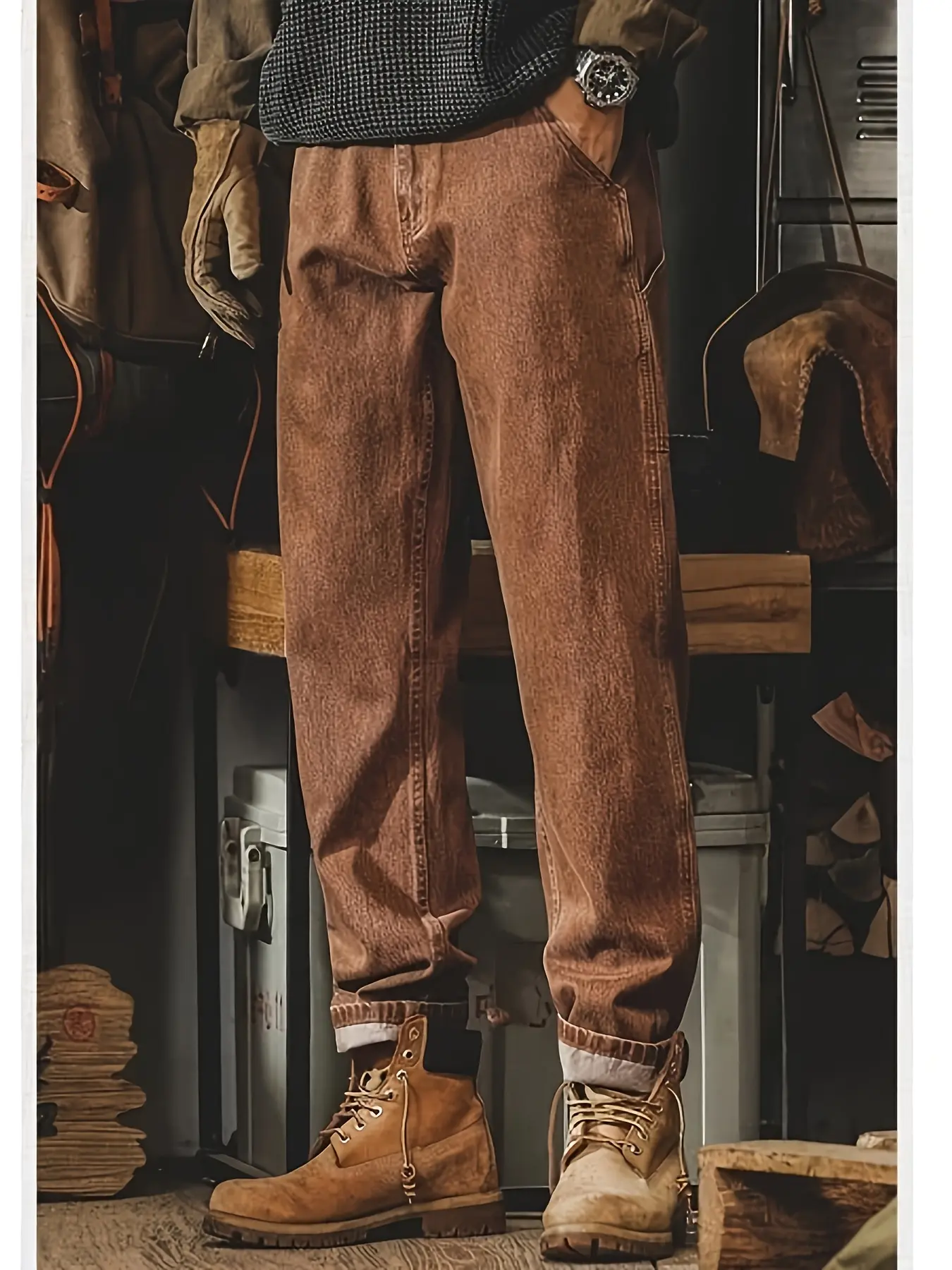 Men's Rust Brown Cotton Straight Leg Jeans - Outdoor Utility Stretch Denim Pants, Casual Menswear Workwear Trousers with Hem Detail, Vibe-Focused Aesthetics #Workwear #OutdoorStyle #BrownJeans #TikTokMadeMeBuyIt, Classic, Loose, Fabric, Retro, Vintage, Ca