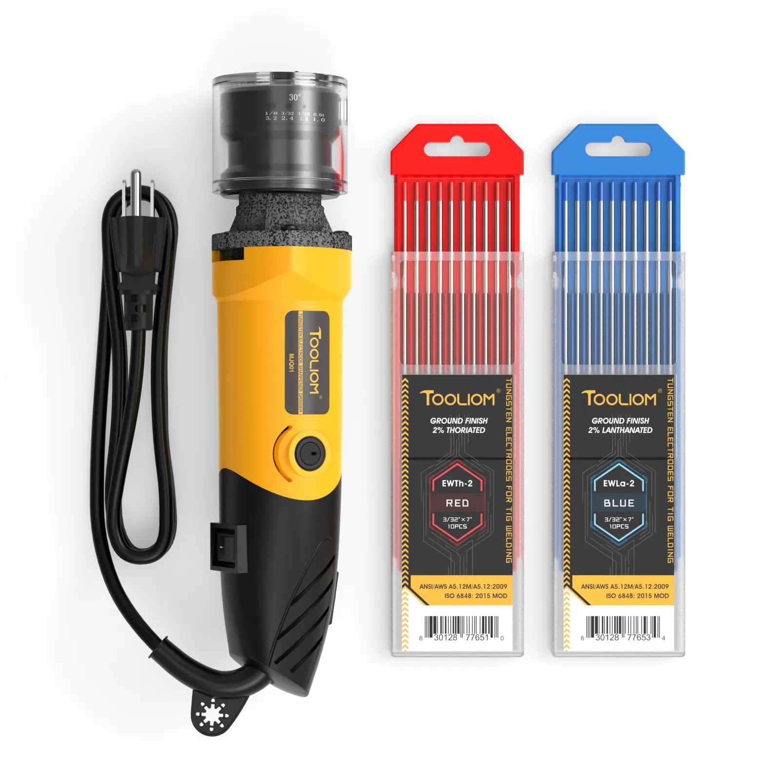 TOOLIOM 110V Tungsten Electrode Grinder Bundle - Includes 10pk WT20 Red or WL20 Blue Tungsten Rods, Tungsten Sharpener for TIG Welding with 6 Variable Speeds, 4 Sizes & 3 Angles