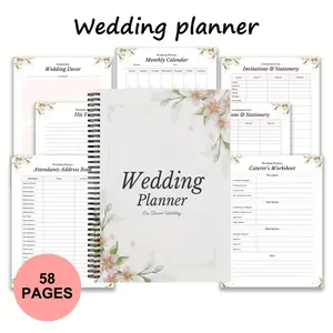 Elegant Wedding Planner Notebook, Floral Cover Design, 58 Pages for Bridal Planning & Budgeting, Calendar, Simple Spiral Bound Guest Book Alternative