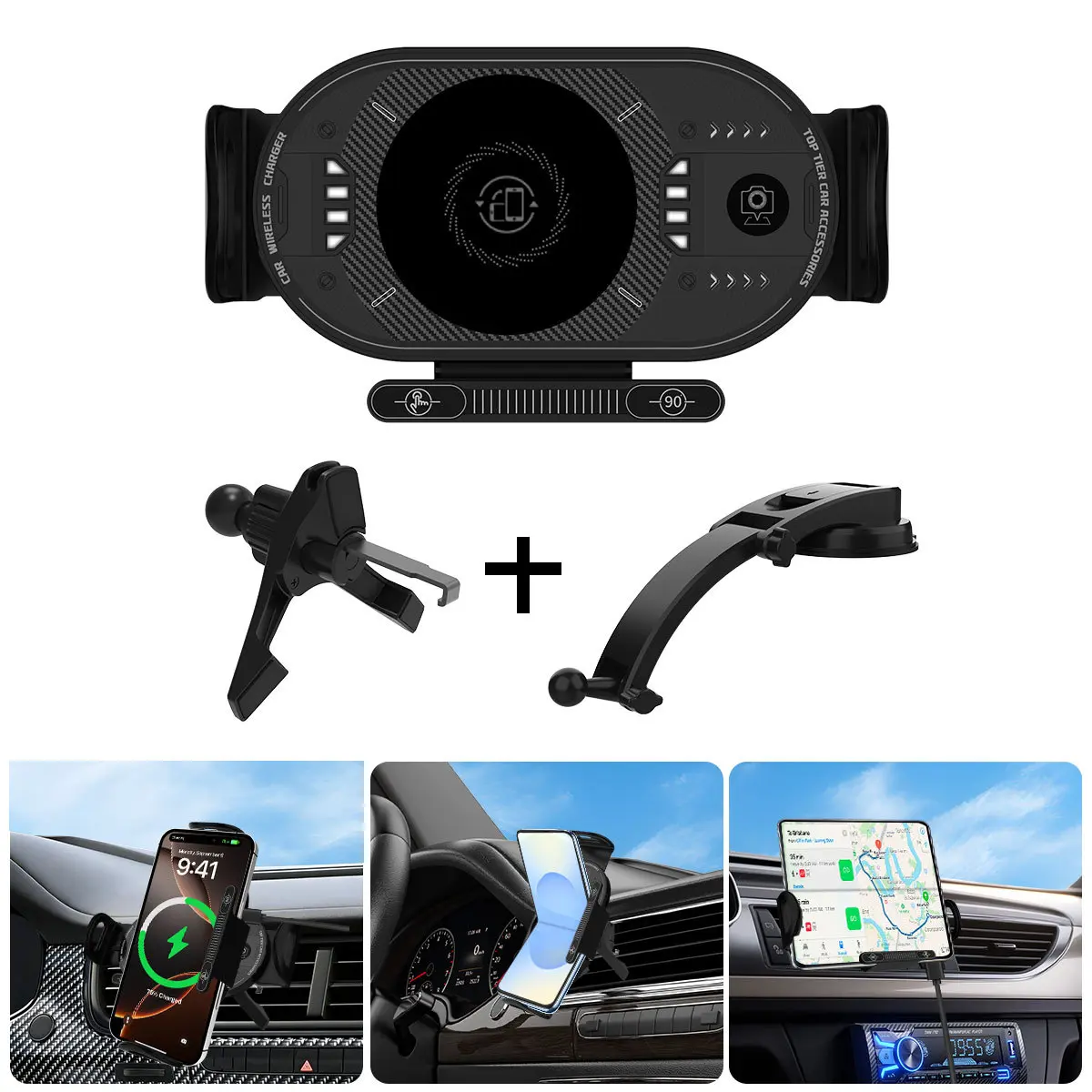 15W Wireless Charging Car Phone Holder - 90° Rotating Air Vent & Dashboard Mount - Phone Charging Accessories, Cars Accessories Compatible with iPhone, Samsung Galaxy Z Fold/Flip