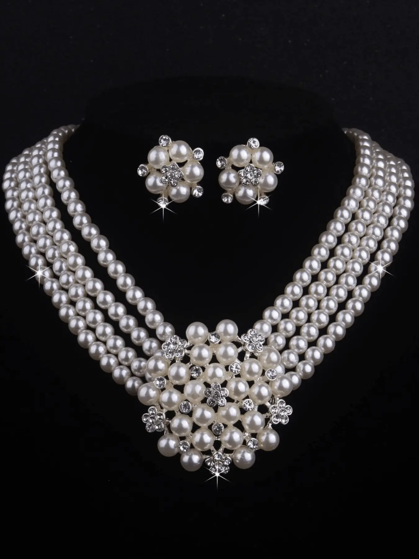 Elegant Bride Flower Four-Row Pearl Necklace and Earrings Set, Bridal Wedding Jewelry for Women, Bridal Sets, Casual Style, All Seasons, Valentine's Gift