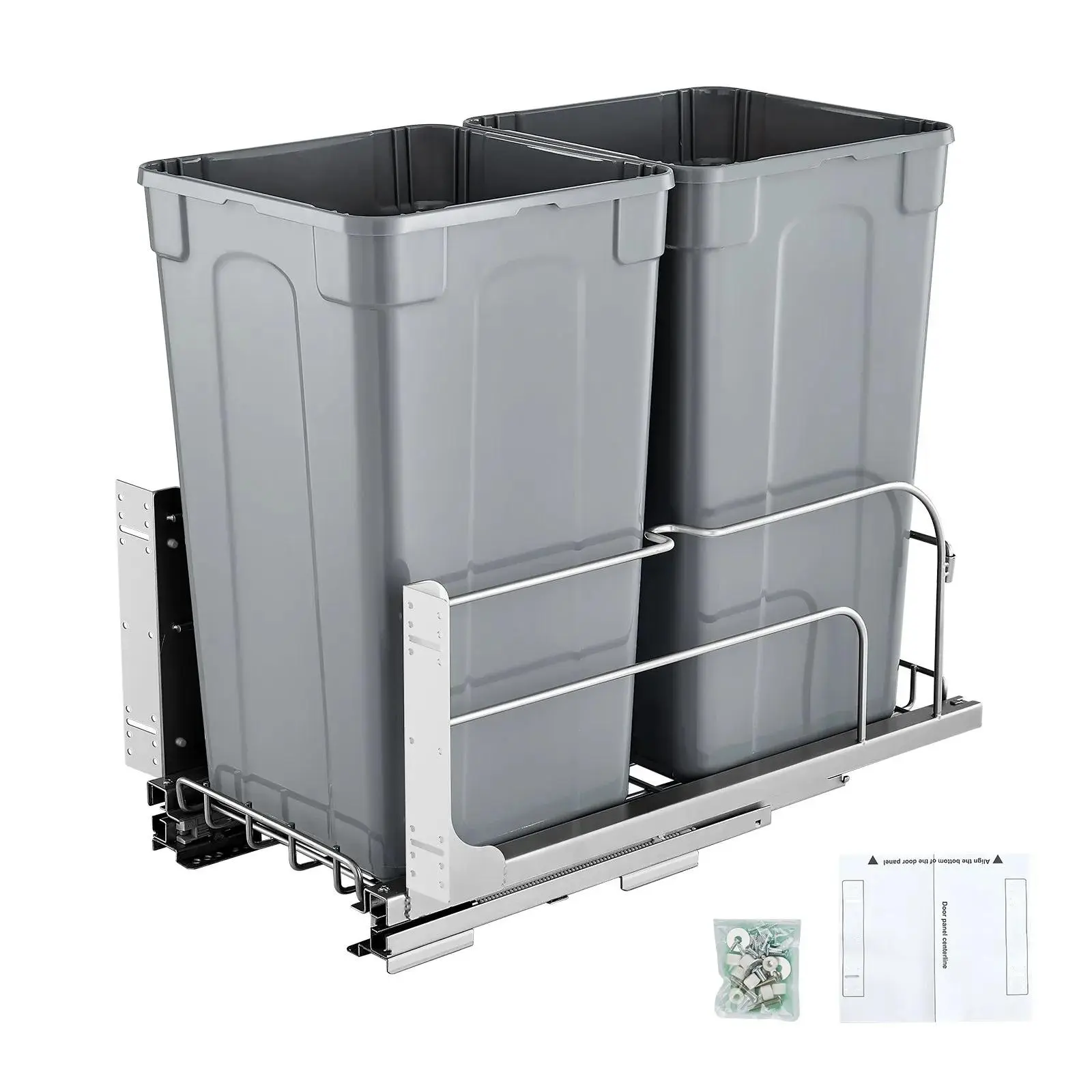 【Summerfinds】VEVOR Under-Mount Home Trash Can, 27 QT x2 Double Kitchen Heavy Duty Waste & Recycling Bin with Installation Door Kit & Soft-Close Slide, for Cabinet & Sink (Grey), Large Container Waste & Recycling
