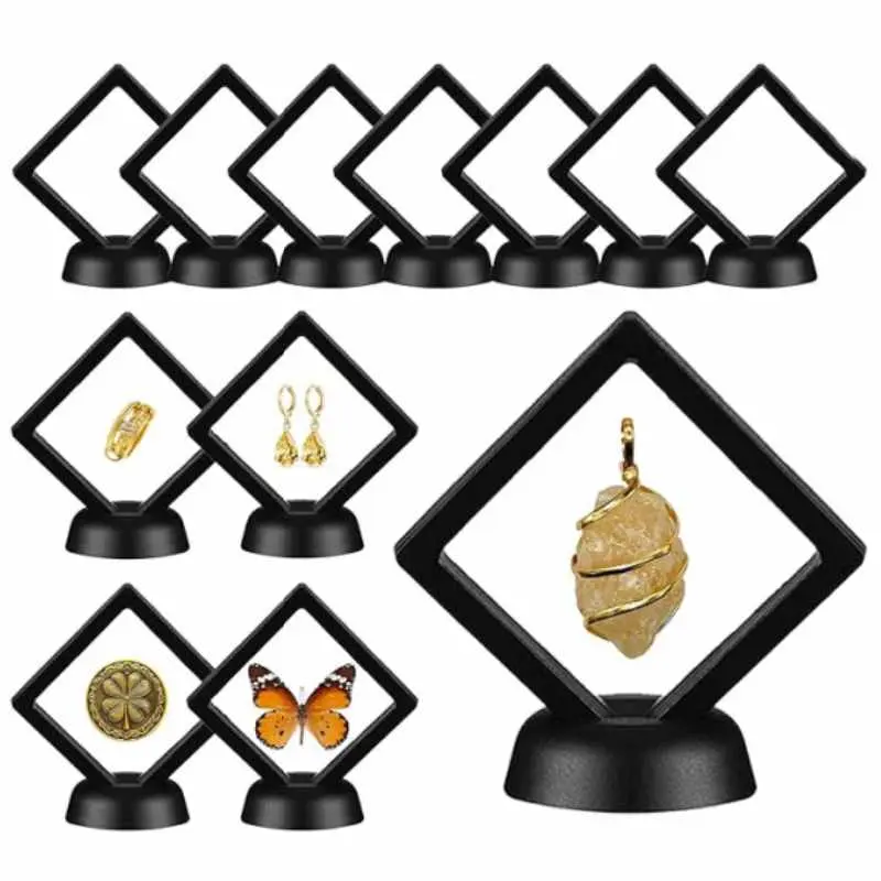 12Pcs 3D Floating Display Case 2.7in Black, Clear Film Jewelry Storage Box Plastic Frame Stand for Challenge Coin Fossils Rocks Shark Tooth Butterfly