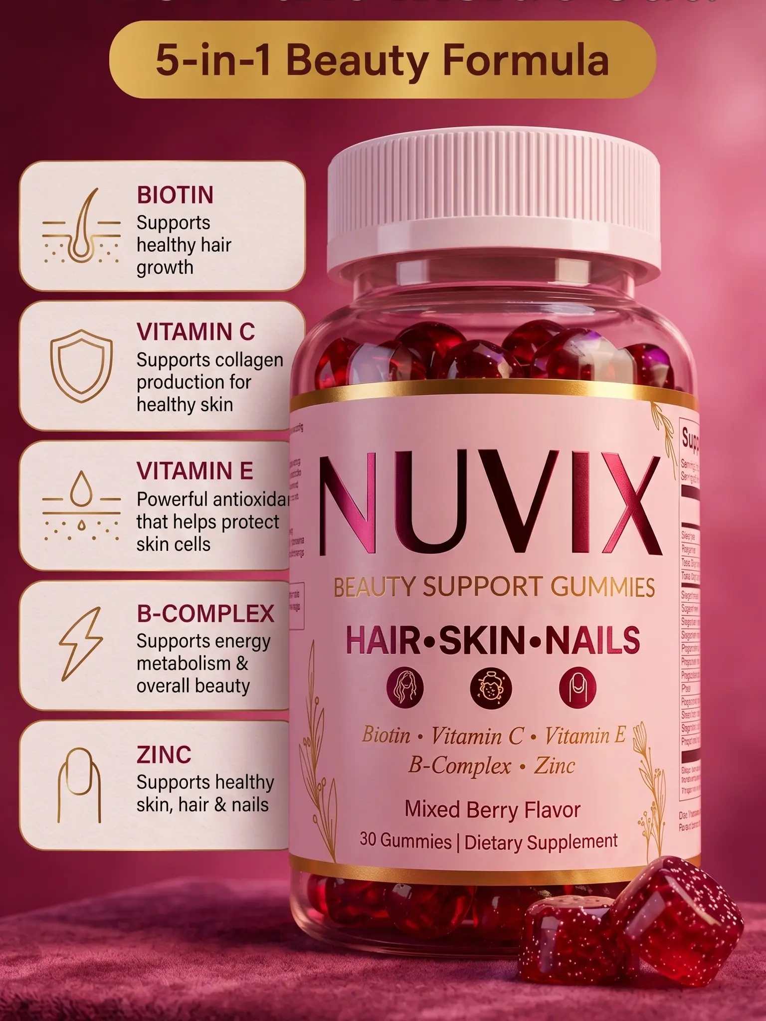 NUVIX Advanced Hair Skin Nails Gummies – Daily Beauty Support – 30 Count