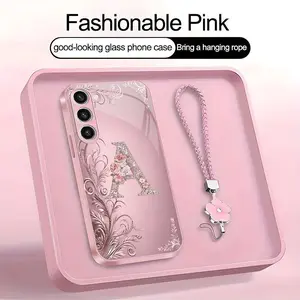 Suitable for [Galaxy S23+] high-end women's phone case🤩，a beautiful four-leaf clover lanyard is included🍀，Exquisite floral print, non-3D rhinestones, 26 letters to choose from YM99