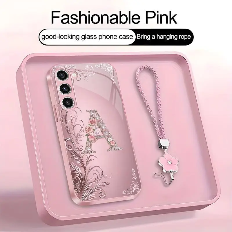 Suitable for [Galaxy S23+] high-end women's phone case🤩，a beautiful four-leaf clover lanyard is included🍀，Exquisite floral print, non-3D rhinestones, 26 letters to choose from YM99