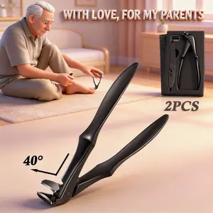 2 Piece Long Handle Curved Nail Clippers Set, Suitable for Seniors with Curved Nails, Ergonomically Designed Long Handle for Thick Nails, Large Opening, Nail Debris Splash Proof Design