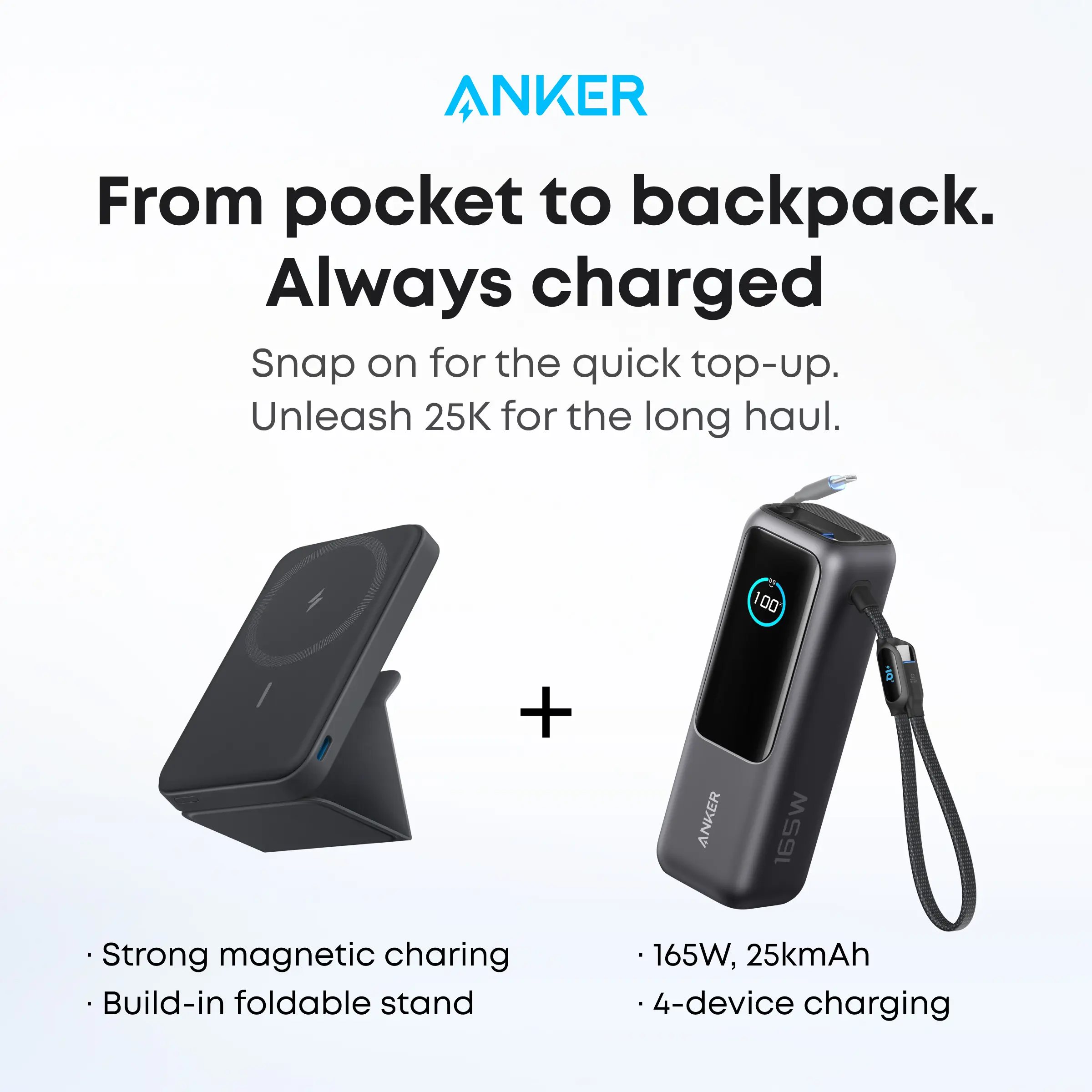 Anker 25,000mAh 165W Laptop Power Bank  with Built-In and Retractable Cables and Anker Magnetic Power Bank with 5,000mAh Capacity