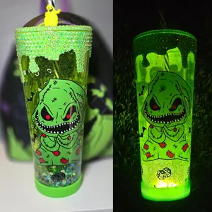 Oogie Light up Halloween Snowglobe Tumbler Drinkware Straw Rhinestone Lid Water Bottles