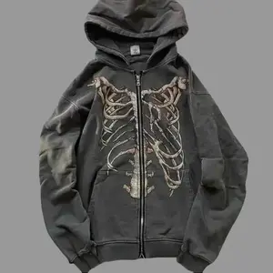 Gothic Y2K Skeleton Hoodie Retro Bone Zip-Up Jacket Harajuku Grunge Streetwear Unisex Oversized Acid Wash Hoodie