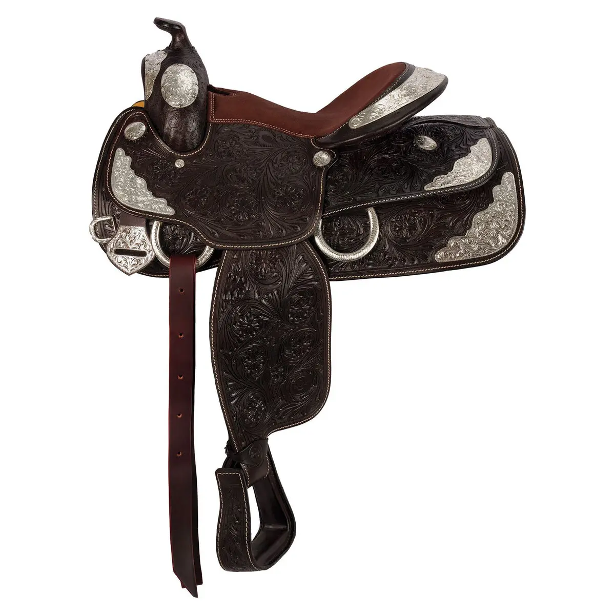Rosette Tooled Western Show Saddle with Engraved Silver Trim, Lightweight Suede Seat for a Secure Close Contact Ride for Ranch & Daily Show Use, Daily Use, Enhancing Utility, Rawhide Wrap, Gullet Size, Trail