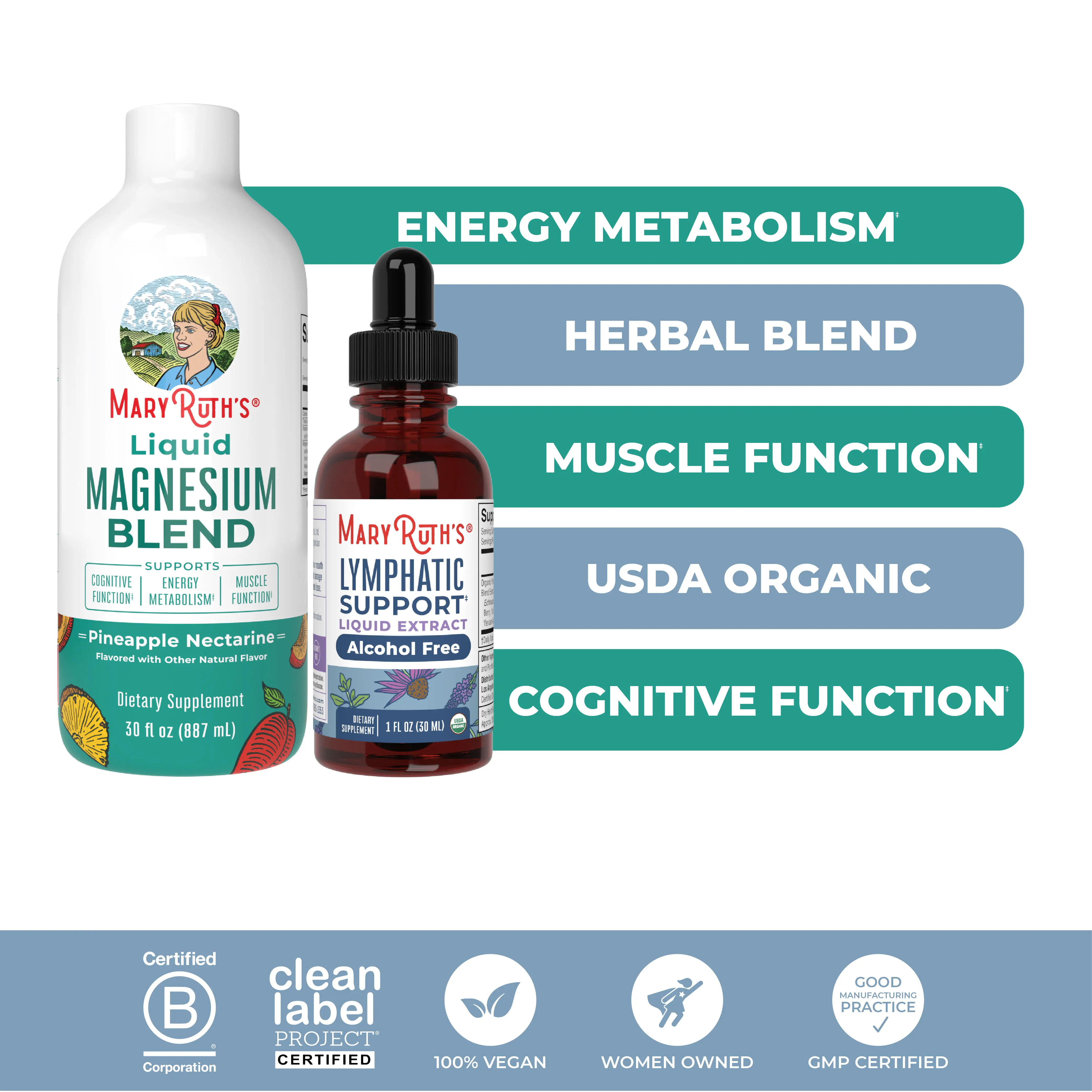 MaryRuth's Lymphatic Support + Magnesium Bundle - Lymphatic Support Herbal Blend 1 oz - Liquid Magnesium Blend 30 oz