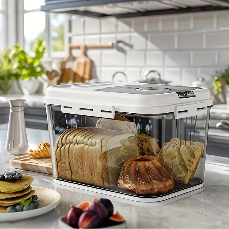 White Airtight Bread Storage Container -2.06 gal Flip-Top Bread Box for Kitchen Countertop, Perfect for Homemade Bread, , Cereal, Fruits, And More, Complimentary Bread Tongs And Measuring Cups, Stylish Design