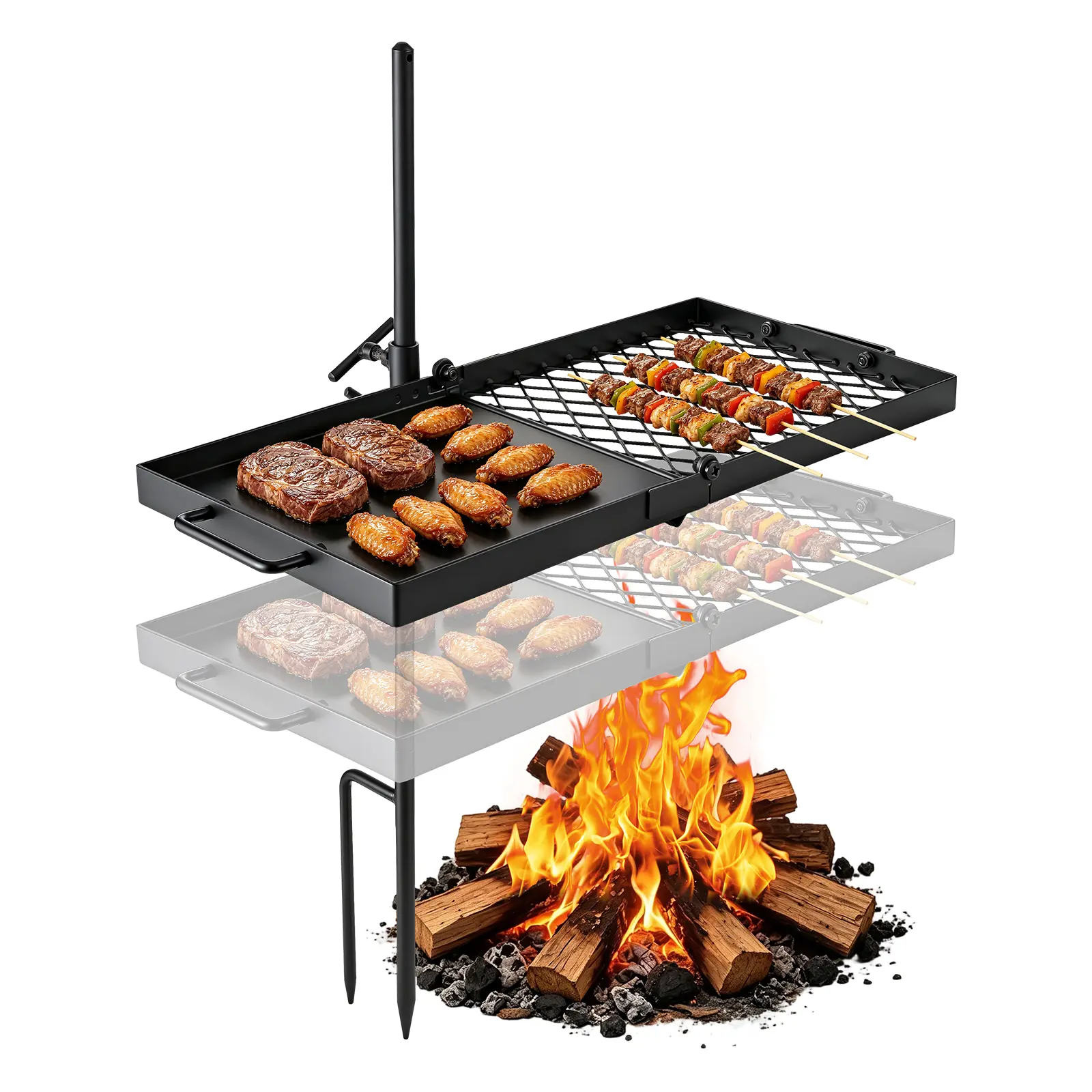 VEVOR 24" Heavy-Duty Carbon Steel Swivel Campfire Grill, Portable Camping Kitchen Gear, Sturdy Foldable BBQ Mesh, 360° Adjustable Height Open Flame Grill, Food-Grade High-Heat Coating Grate & Griddle, for Outdoor Camping, Beach Barbecues, Por#BacktoSchool