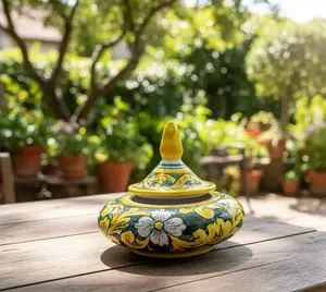 Italian Leaf Vanity Jar, 50 oz Pottery Container, 9" D x 7.5" H Collectible Cultural Item