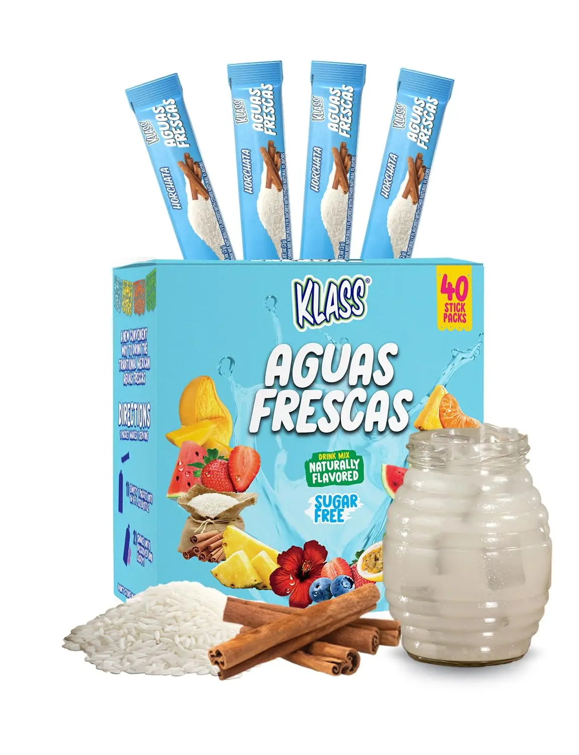 Klass Aguas Frescas Horchata Water Drink Mix, 40 Zero Sugar Powder Packets, Caffeine Free, Natural Flavors, 5 Calories Per Stick