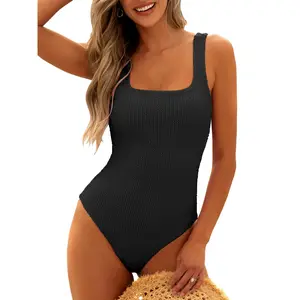 ANRABESS Womens One Piece Swimsuit 2026 Summer Solid Square Neck Tummy Control Modest Full Coverage Ribbed Bathing Suits