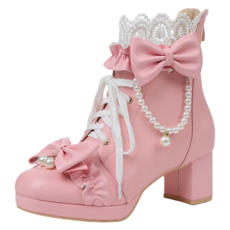 Women's Cute Lolita Lace Up Booties, Chunky Mid-Heel Ankle Shoes with Bow, Pink Platform Design for Stylish Height Boost