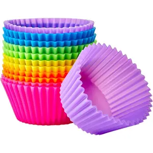 Reusable Non-Stick Silicone Baking Cups, BPA Free, Muffin Liners, Dishwasher Safe, Microwave and Oven Safe, 2.9 x 2.9 x 1.3 in (LxWxH), Multicolor, 12-Pack