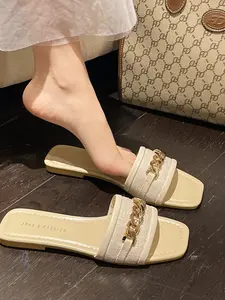 Women's Square Toe Sandals with Chain Decoration, Casual Flat Slip-On Shoes, Trendy Summer Fashion Footwear
