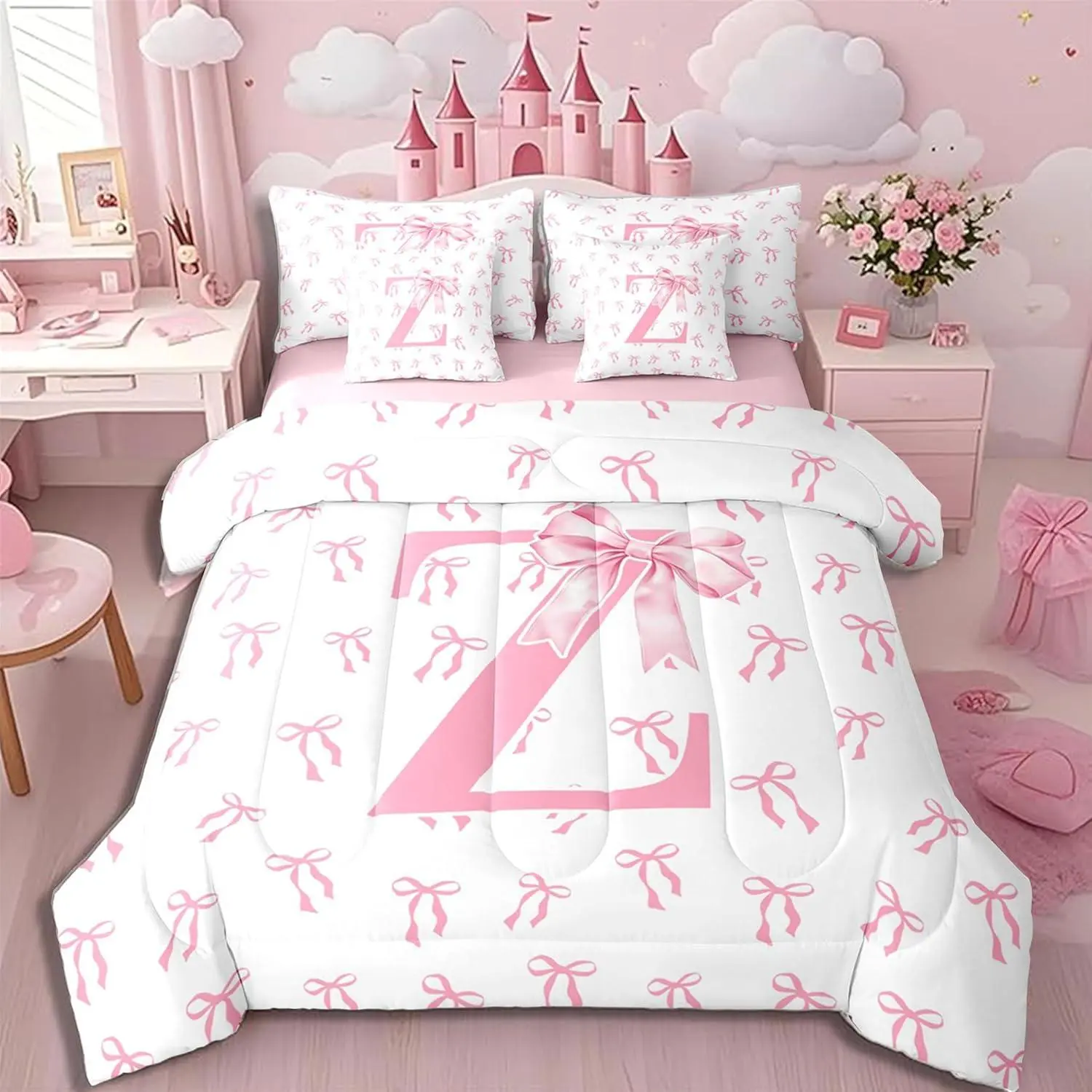 Feelyou 7-Piece Queen Comforter Set - Multi-Size Bedding-in-a-Bag for Girls’ Rooms, Breathable Pink Ribbon Bow Flat & Fitted Sheets, Initial Letters Monogrammed Girly Quilt, Machine Washable