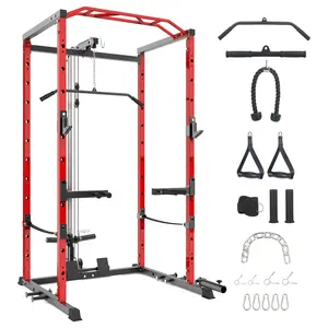 Black/Red Power Cage, Multi-Function Squat Rack with LAT Pulldown, 1600 LBS Weight Capacity Fitness Power Rack with Cable Pulley System and j-Hooks, Dip Bars and Landmine Attachment for Home Gym