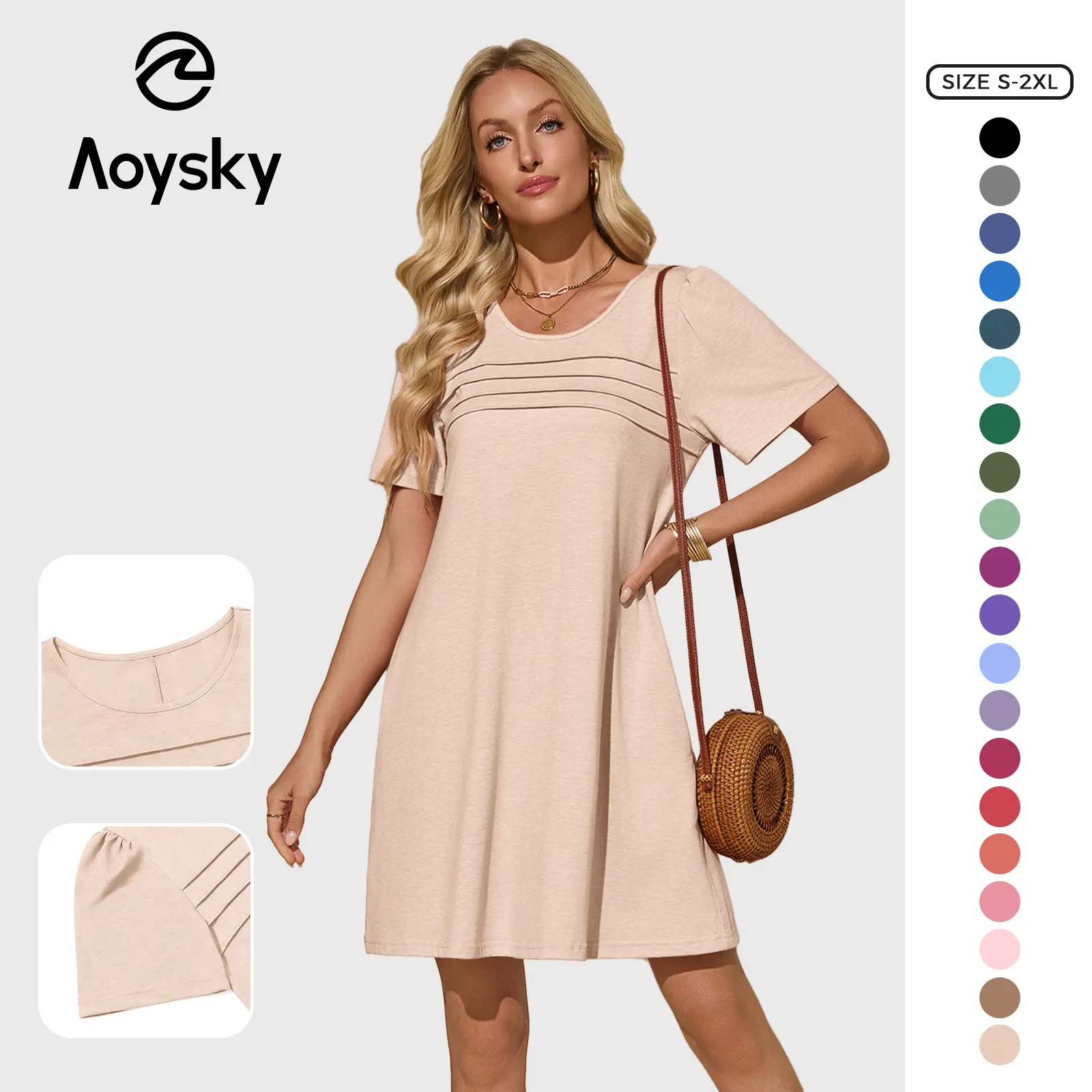 Aoysky Women's Minimalist Basic Crew Neck Short-Sleeve Pleated Front Loose Flowy Mini Dress - Classy, Basic, Crew Styles for Summer Beach Wear, Classy Casual Dresses, Basic Casual Dresses