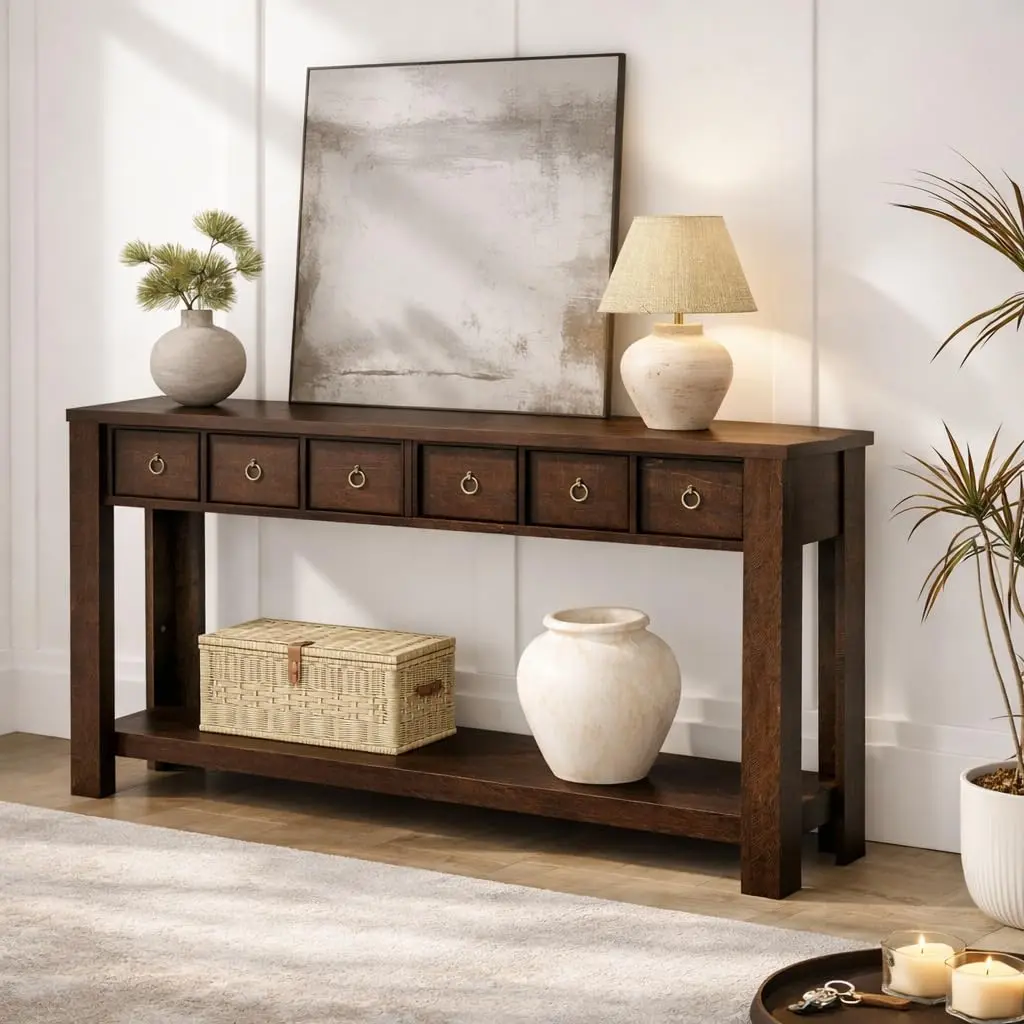 YJ-Garvee 59 Inch Farmhouse Entryway Console Table with 2 Drawers and 2-Tier Open Shelf, Narrow Sofa Table for Hallway, Foyer, or Living Room, Featuring Reinforced L-Shape Legs and Rustic Brown Finish