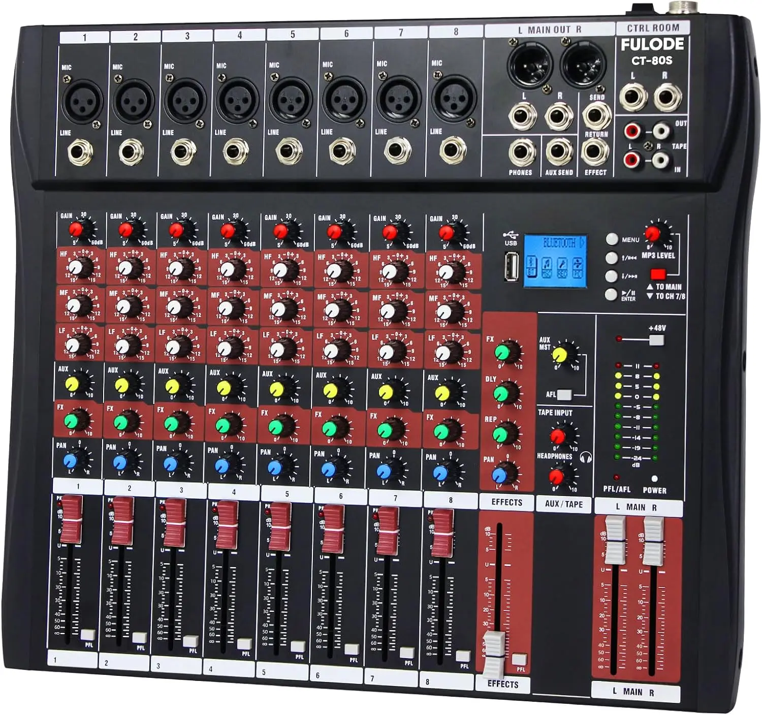 CT-80S 8-Channel Professional Powered Built-in Amplifier Mixer Equipment Device, 48V Phantom Power, Wireless Bluetooth, USB Recording, Reverb, MP3 Player, Mini Console Mixer, American Plug for Studio, Karaoke